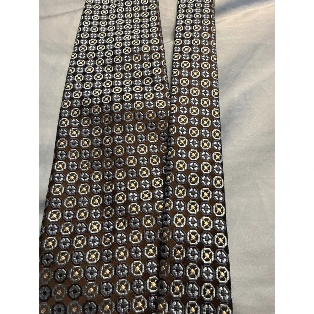 Men's 3.5 Inch Silk Tie Brown Blue Geometric‎ Medallion Italy Luxury Preppy